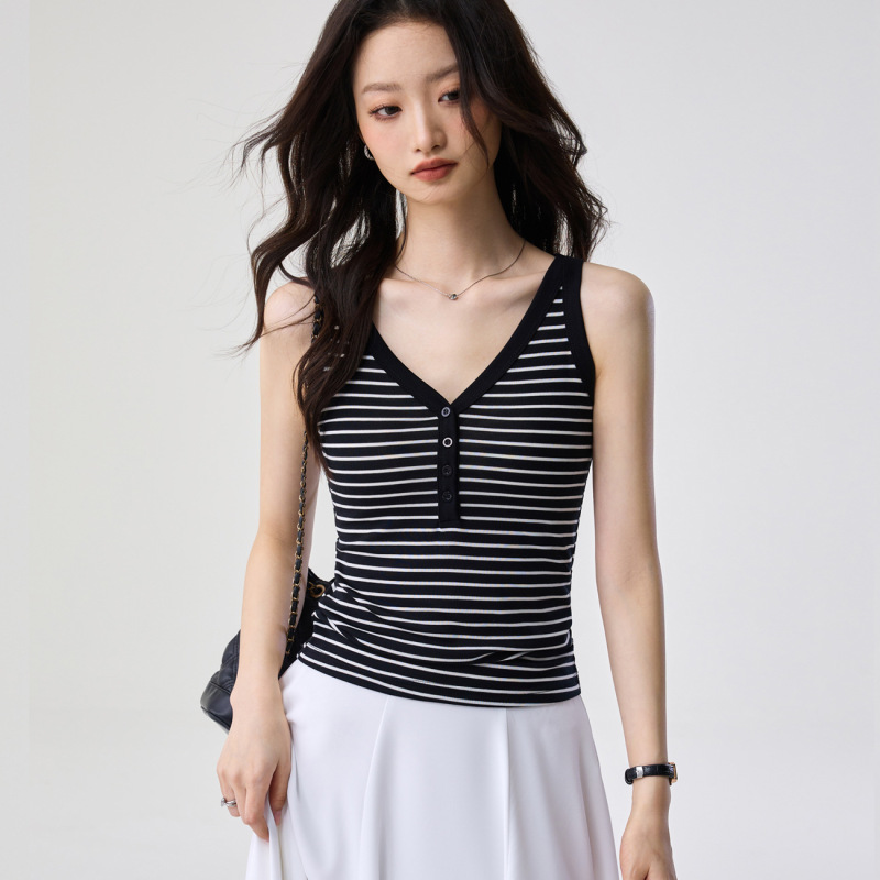 Tencel Lyocell Cotton Striped V-Neck Camisole for Women, Summer New Style with Buttons, Color-Blocking Sleeveless Versatile Outerwear Top