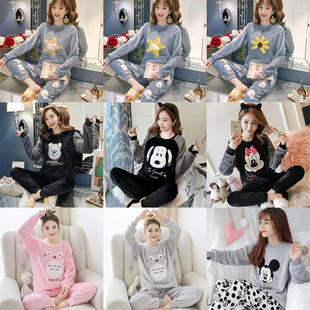 Spring and Autumn Flannel Pajamas Female Students Cute fleece-lined Thickened Warm Winter Cartoon Coral Fleece Home Clothes suit