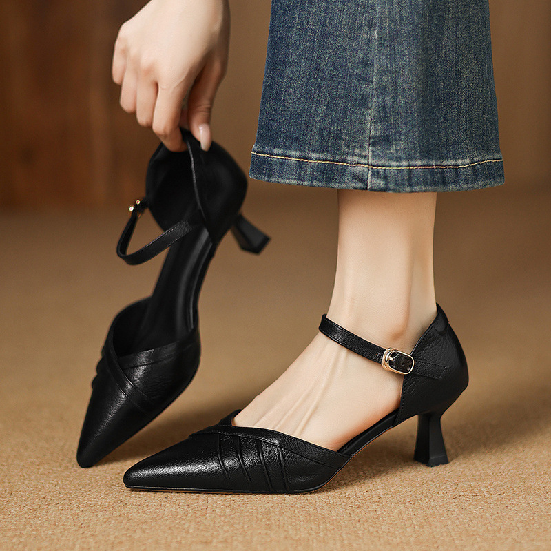 Giày sandal cao gót nữ quai ngang mũi nhọn da cừu gót 5,5 cm — đen