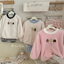 88416儿童加绒睡衣套装2025新款女童家居服珊瑚绒男童冬季保暖加