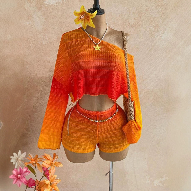 European and American Cross-Border Autumn Vacation Casual Women's Gradient Asymmetrical One-Shoulder Long-Sleeve Top and Shorts Fashion Two-Piece Set