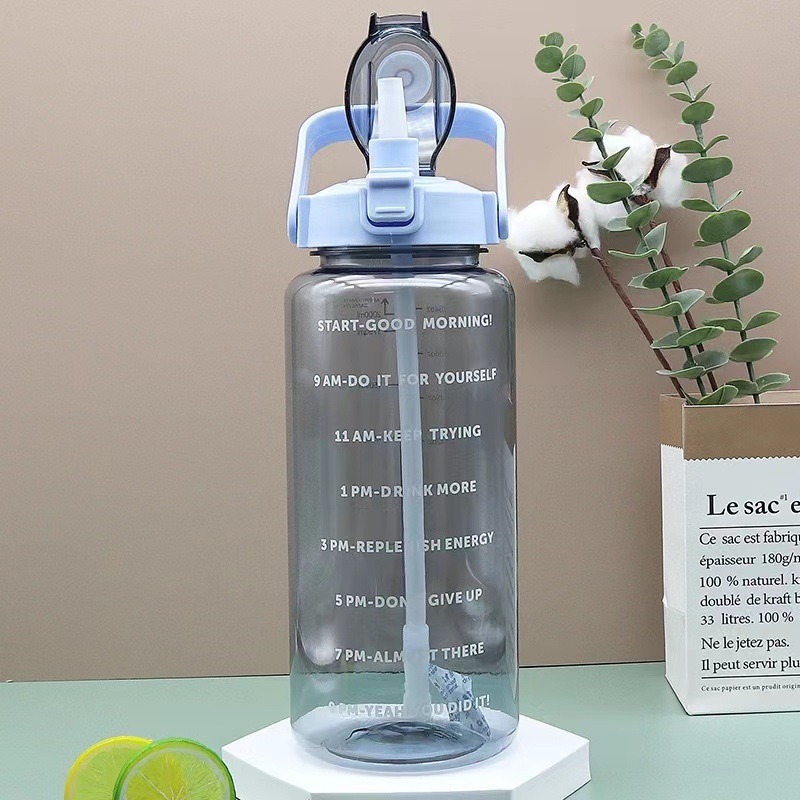 2000ml plastic space cup with time scale, straight cylinder, large capacity, outdoor sports water bottle, transparent spring lid water cup pic 7
