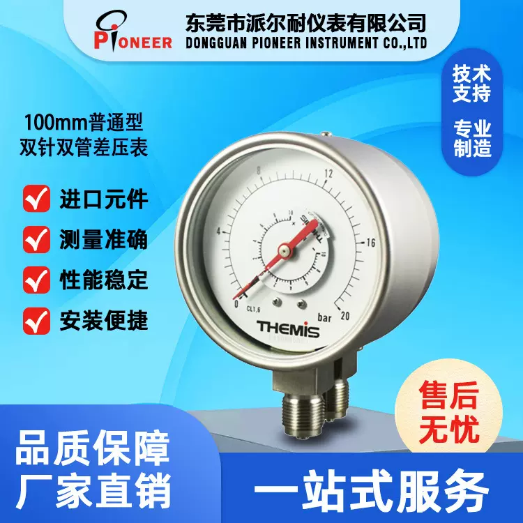 广东省东莞市差压表工厂 100mm普通型双针双管差压表生产制造厂家