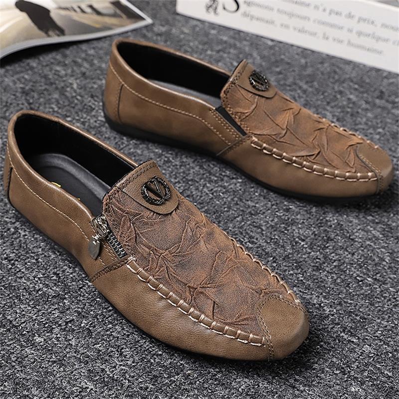 Mocasines de comercio exterior Four Seasons zapatos individuales vintage cremallera zapatos de cuero casuales zapatos de hombre mocasines sin cordones zapatos de conducción de fondo suave