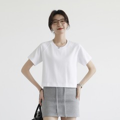 ラグランスリーブ ラウンドネック Tシャツ レディース 半袖 無地 シンプル 通勤 ゆったり カジュアル へそ出し ショート Tシャツ ハイウエスト トップス