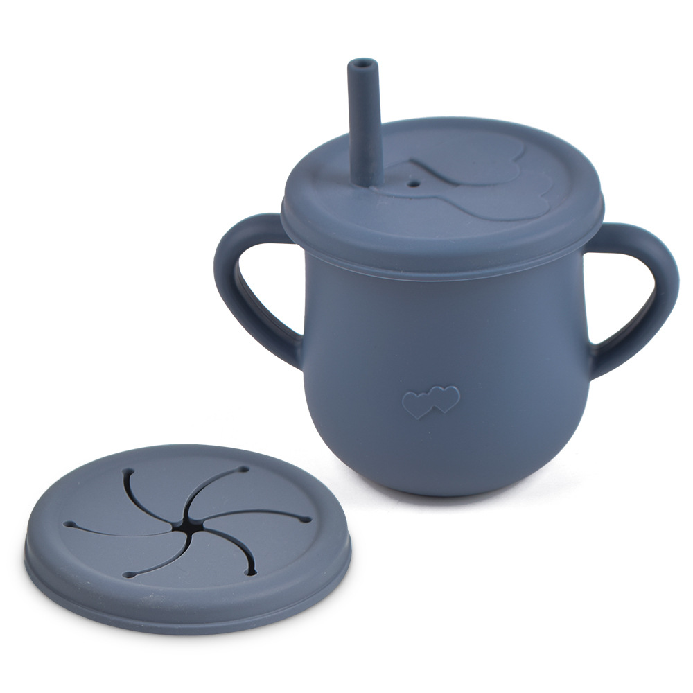 Silicona de grado alimenticio para niños snack Cup mango binaural portátil resistente a la caída con taza de paja de bebé taza de bebida de silicona