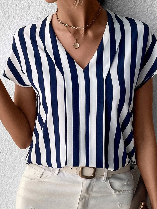 Spandex, Polyester Fabric Type Regular Top Length Blouse Tops Type Daily Occasion Wholesale Women's Simple Style Stripe Short Sleeve Printing Blouses