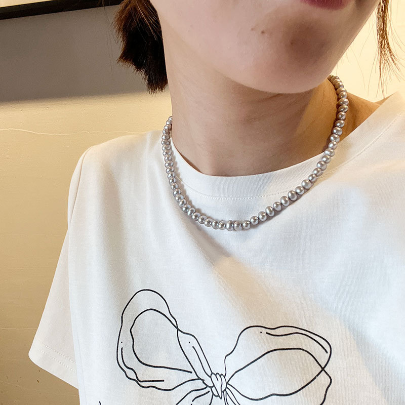 高級感氣質百搭天然淡水珍珠灰色項鍊S925銀扣土豆圓工廠原創批發