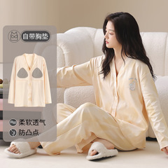 纯棉带胸垫一体睡衣女款春秋长袖2025新款冬开衫家居服套装可外穿