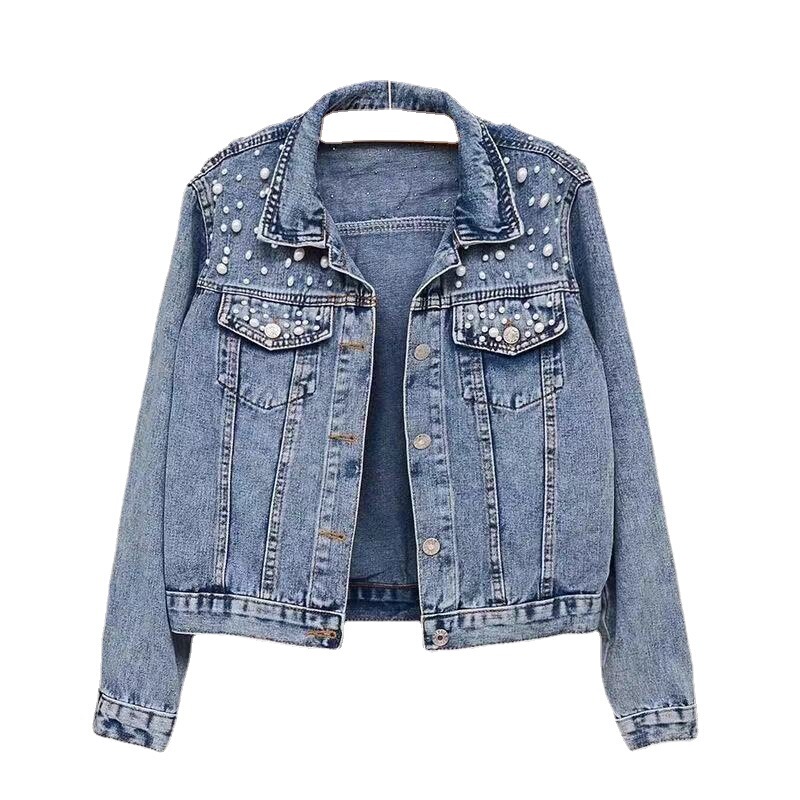 Cross-Border spring and autumn Korean style heavy industry fashion beaded short Denim coat women's loose plus size denim clothing ins fashion Cross-Border spring and autumn Korean style heavy industry fashion beaded short Denim coat women's loose plus size denim clothing ins fashion