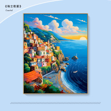 瑞士街道卡通diy数字油画填充涂色填色画油彩手工治愈减压装饰画