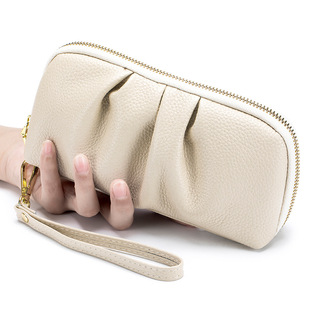 First-Layer Cowhide Fashionable and Versatile Mobile Phone Bag Clutch Bag Genuine Leather Large Capacity Long Pleated Mother's Hand Collar Bag Wallet