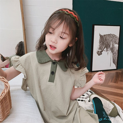 girl Dress children Retro Polo Sweater Summer wear 2021 new pattern girl Flying sleeve Mid length version college