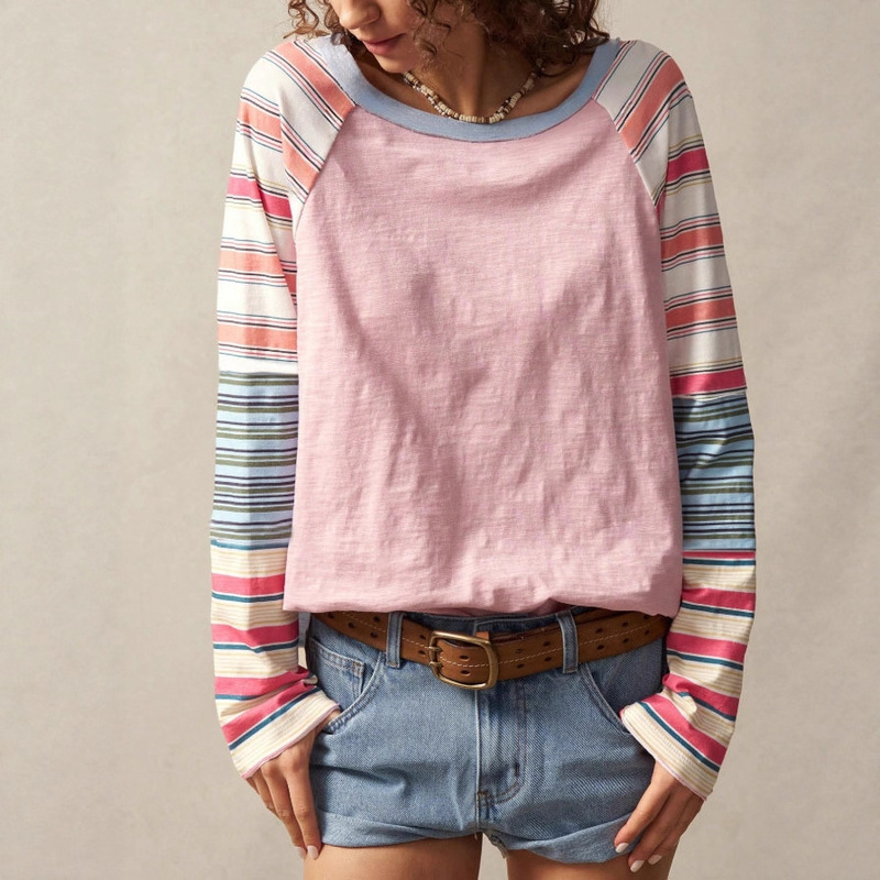 2025 New Popular Cross-Border Amazon Women's Fashion Label Elegant Mixed Color Stripesd Printed Round Neck Long Sleeves