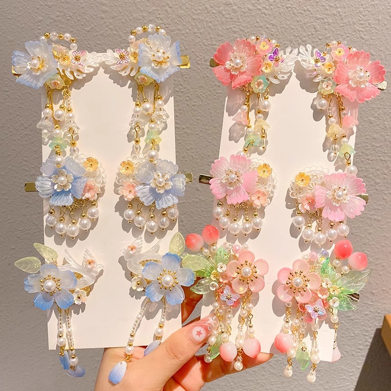 China estilo antiguo tocado de niños super hadas flores perlas clips frillones vestidos antiguos accesorios clips para el pelo