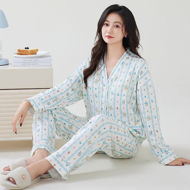 Al por mayor transfronterizo de otoño nuevo pijama de mujer kimono de algodón cardigan casual cuello en V manga larga se puede usar cubierta de ropa doméstica