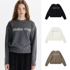 韩国matinkim 25秋冬休闲logo缝线宽松男女百搭针织圆领套头毛衣
