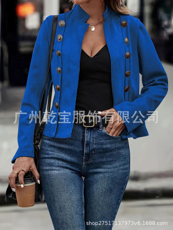 2025欧美跨境外贸纯色双排扣装饰夹克新款鹿皮绒复古长袖外套现货|undefined