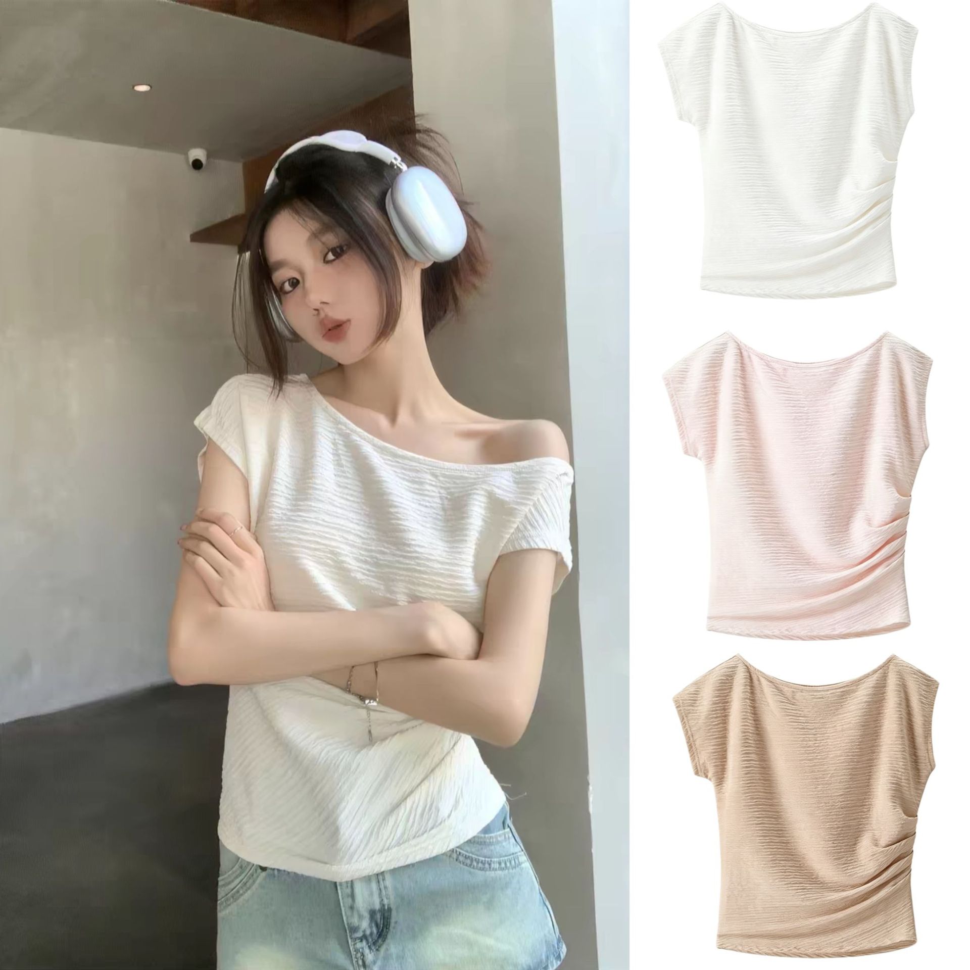 French vintage style textured pleated design, unique and slimming off-shoulder top for women, summer style, 26089