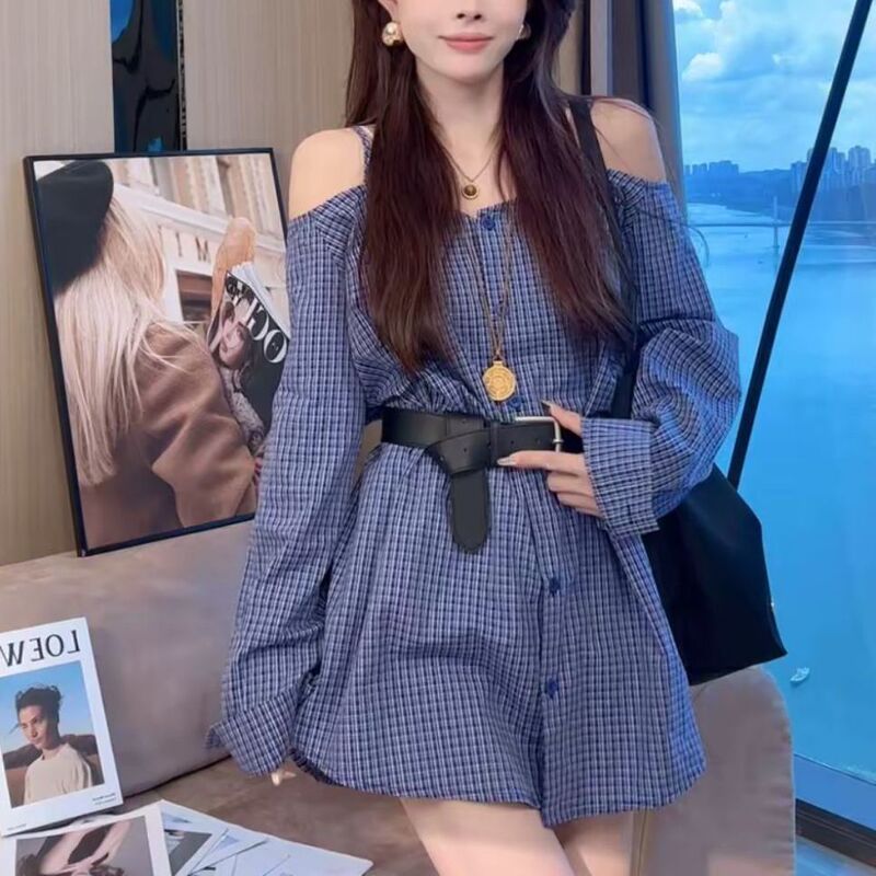 Spring and Autumn New Style Elegant Off-Shoulder Plaid Shirt Loose Slimming Long Sleeve Dress Early Autumn A-Line Dress Spring and Autumn New Style Elegant Off-Shoulder Plaid Shirt Loose Slimming Long Sleeve Dress Early Autumn A-Line Dress
