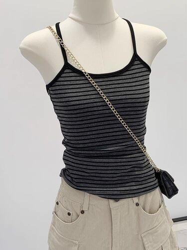 Unique and stylish Thai-style niche striped sleeveless camisole for women—new summer design, perfect for wearing alone or as a base layer, slim-fit short top.