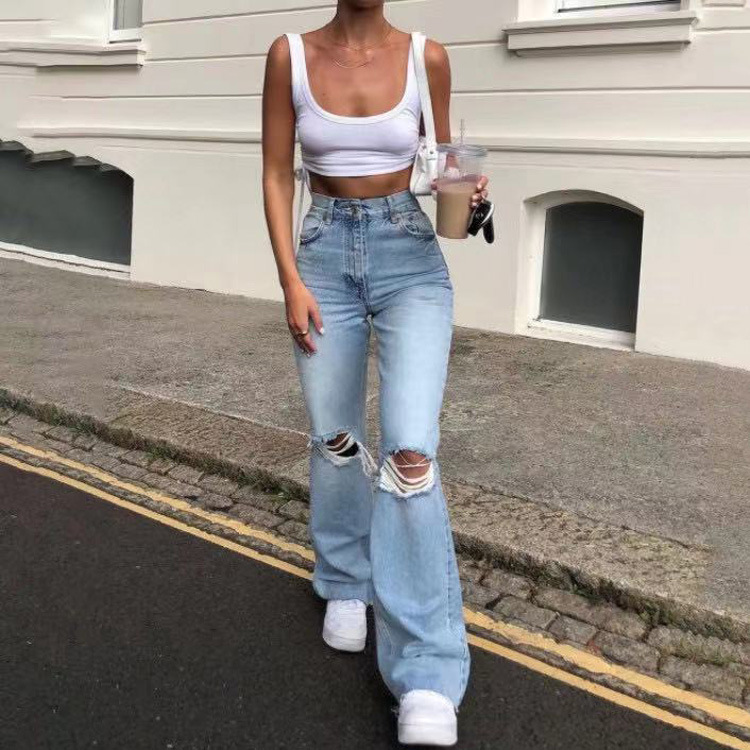 Ripped High Waist Straight Wide-Leg Jeans NSWL104514