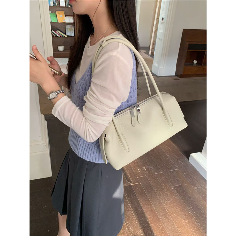 Top Grain Cowhide Lychee Grain Boston Pillow Bag For Women New Trendy Shoulder Crossbody Handbag Bowling Bag - Thumbnail 8