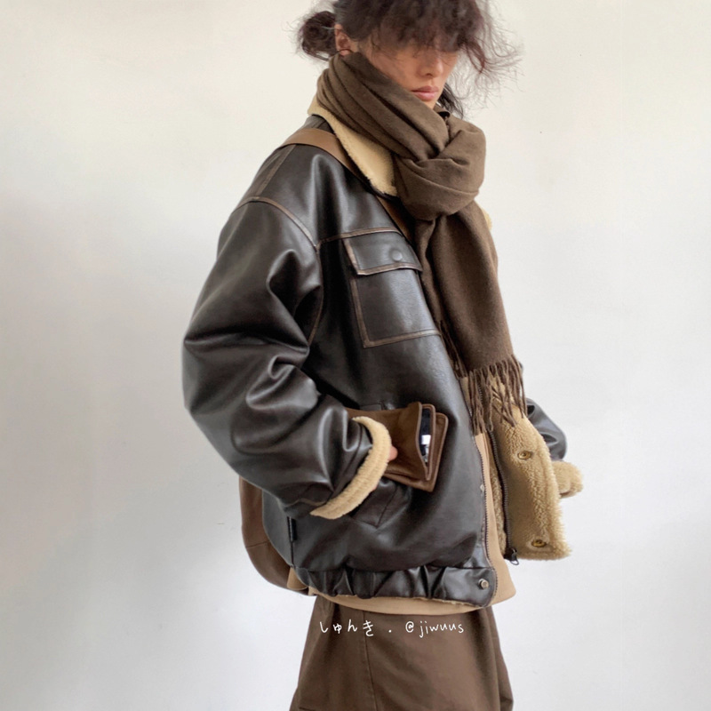 Autumn and Winter Japanese Style Retro Neutral Maillard Cashmere High-End Leather Jackets for Boys and Girls Loose Leather Jackets