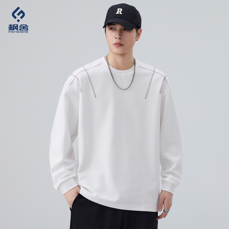 Maple House Men's Clothing / 2026 New Long-Sleeved T-Shirt, Japanese Retro Round Neck, Loose Fit, Simple Solid Color Base Shirt