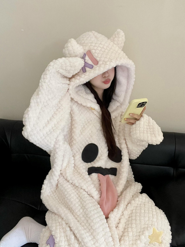 搞怪可爱幽灵睡裙冬季加绒加厚珊瑚绒睡衣女款宽松毛绒家居服套装|undefined