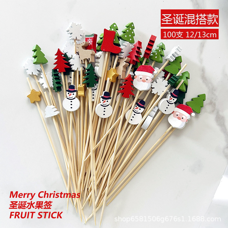 100個のクリスマスフルーツフォーク、使い捨て竹スティック、フルーツプレート、砂糖漬けフルーツスティック、クリエイティブカクテルスティック、ビーズスティック|undefined
