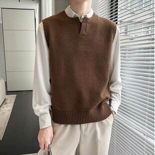 Autumn and Winter Sleeveless Sweater Knitted Vest Men's Korean Style Ruffian Handsome Loose V-Neck Vest Jacket Pullover Top Trendy