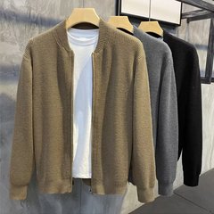 春と秋のダブルジッパーデザインカーディガン無地セーターメンズシンプルトレンディ多用途ニットセータージャケット卸売