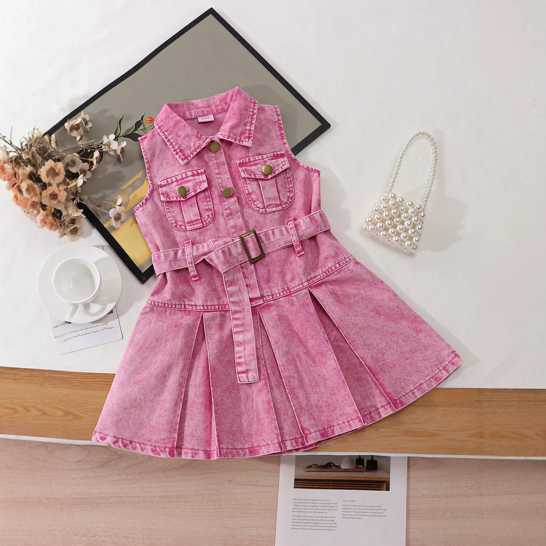 Cross-border girls' sleeveless denim dress, new summer style, children's turn-down collar, waist-cinching tank dress with belt, fashionable