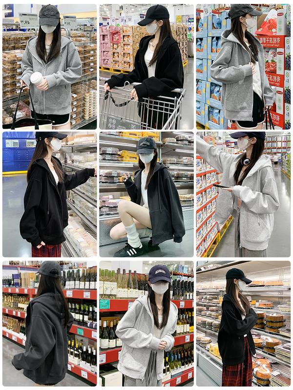 灰色连帽卫衣女秋季2025新款加绒宽松大码上衣开衫小个子拉链外套|undefined