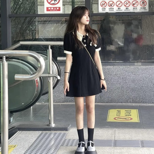 Elegant Polo Dress for Women - Summer, Petite Size, Color Blocking, Slimming, Casual, Hepburn Style, Black Cocktail Dress