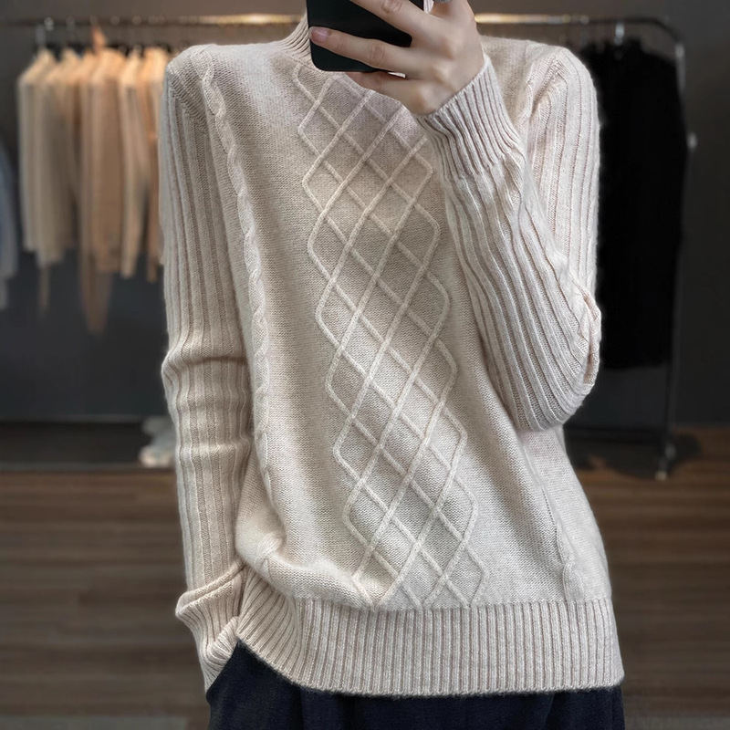 100% Pure Wool Sweater Women's Half Turtleneck Pullover Sweater Autumn and Winter Thickeneded Knitted Bottoming Shirt Loose Long-Sleeved Top