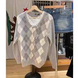 BM风 美式复古学院风V领灰白菱形格毛衣女辣妹套头宽松针织衫上衣