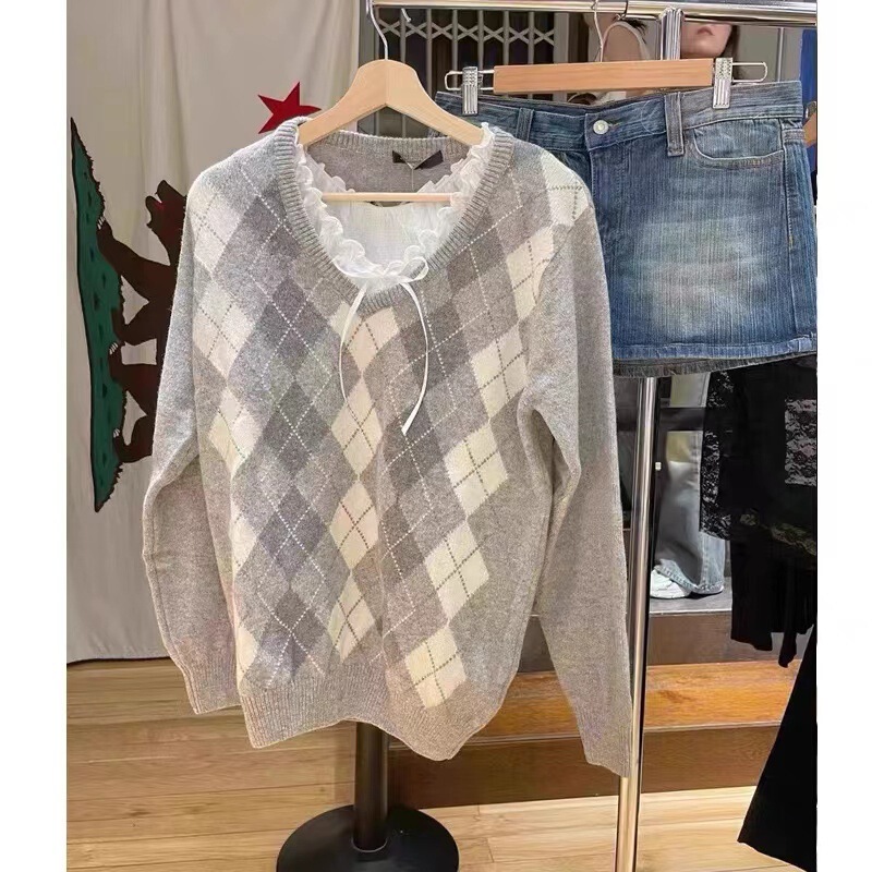 Bm Style American Retro Preppy Style V Neck Gray and White Diamond Plaid Knitwear Sexy Pullover Loose Knitwear Top