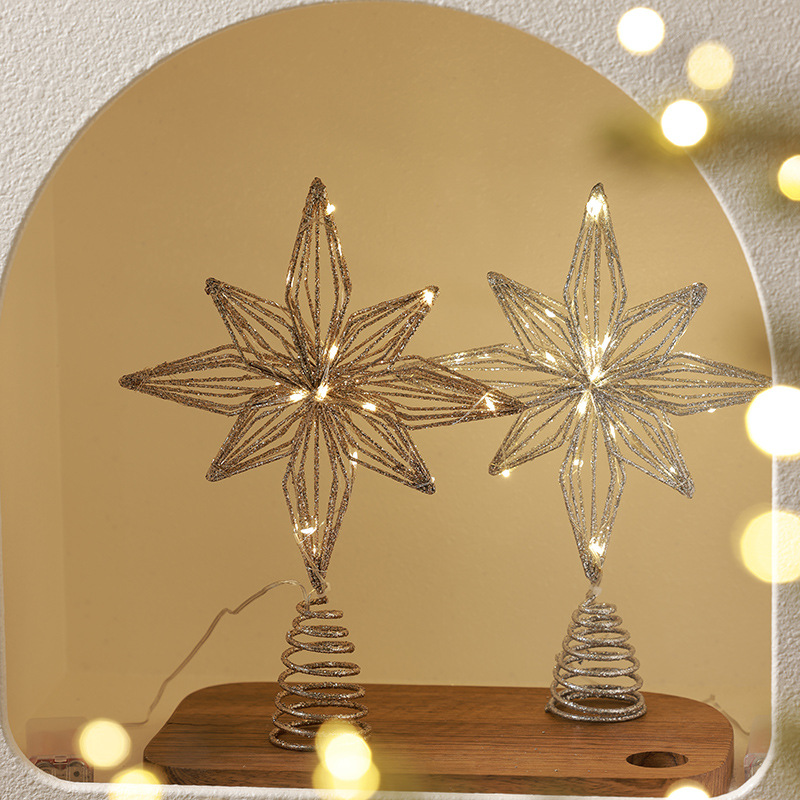 Árbol de Navidad hierro forjado estrella decoración con lámpara brillante estrella de penta de color champán árbol de Navidad decoración colgante