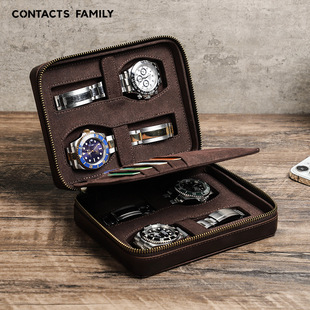 Vintage Crazy Horse Leather Watch Box Handmade Rectangular Four Pack Outdoor Travel Multi-Card Watch Storage Box