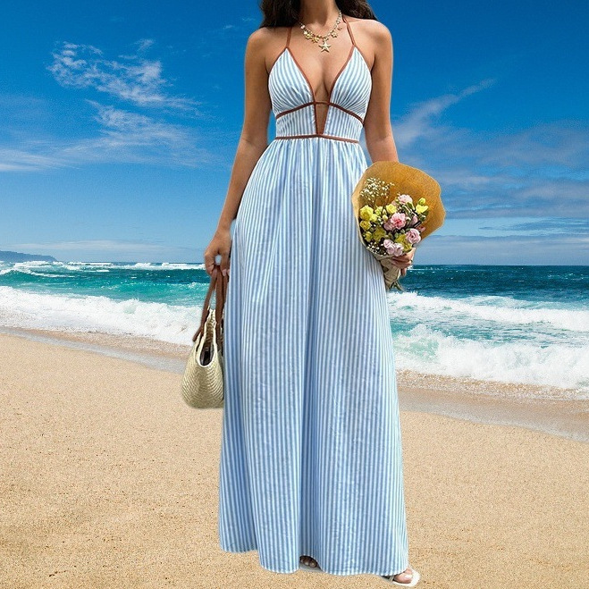 2026 Summer New Cross-Border Deep V-Neck Striped Vacation Dress Hot-Selling Backless Sleeveless Halter Long Dress