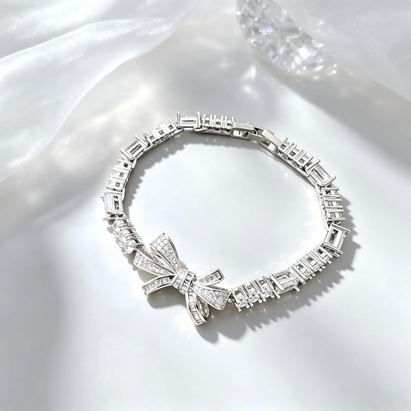 Bowknot Diamond-Encrusted Bracelet for Women, Square Diamond Tennis Chain, Silver Light Luxury Elegant Hand Jewelry, Party Date Bracelet Wholesale