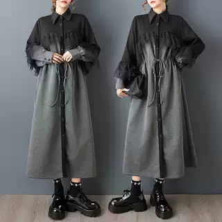 实拍春秋新款宽松时尚暗黑风设计感褶皱网纱拼接气质连衣裙外套