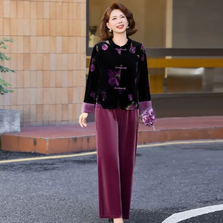 新中式妈妈装洋气中老年女装大码国风上衣两件套40--60岁百搭套装