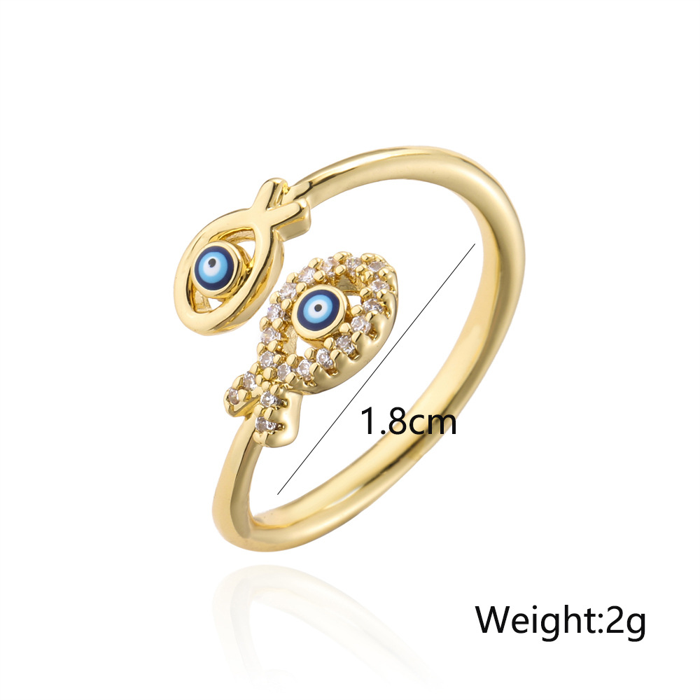 fashion dripping oil devils eye ring copper gold plated double fish design geometric open ringpicture1