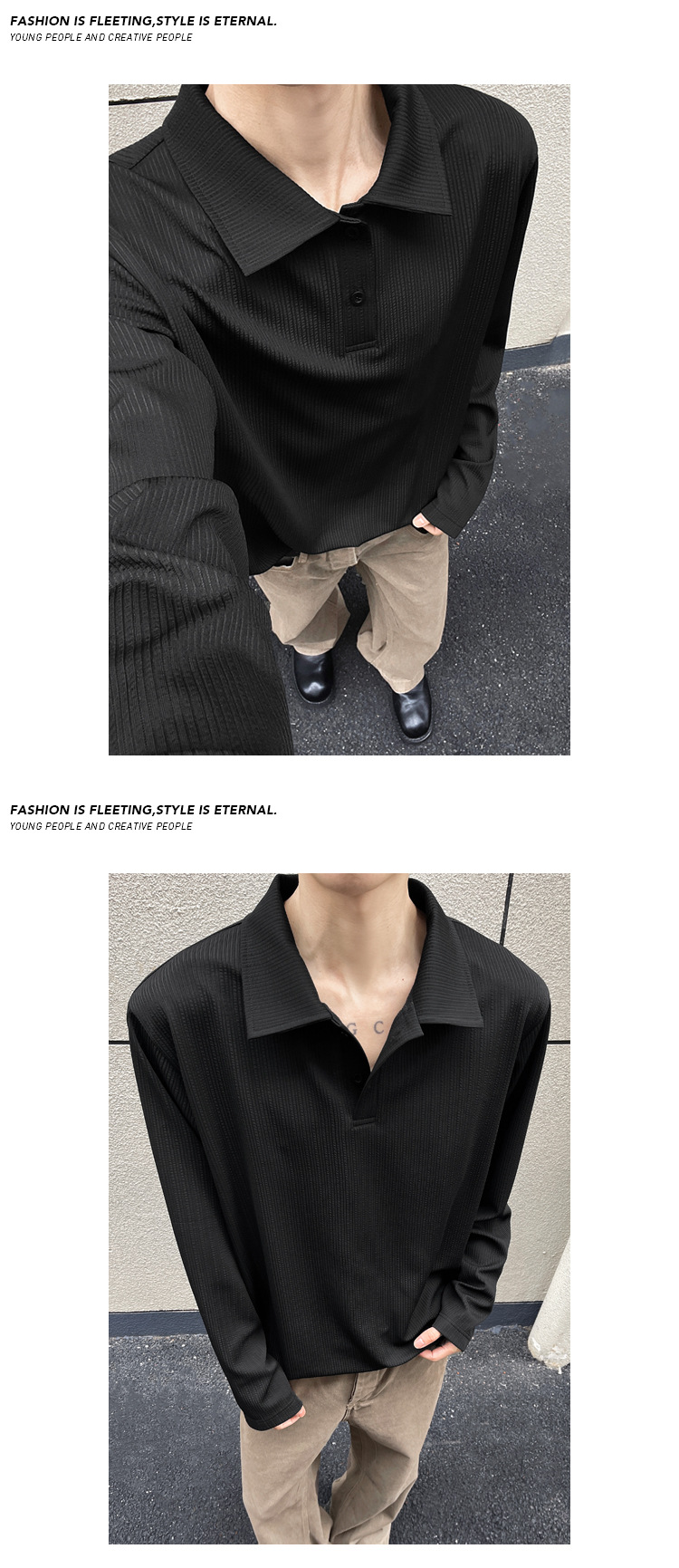 Men's Wrinkled Texture Long-sleeved Polo Shirt Solid Colour Base_voghion.com