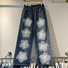 ins辣妹风刺绣花朵珍珠牛仔阔腿裤女 2025 新款高腰显瘦直筒裤潮