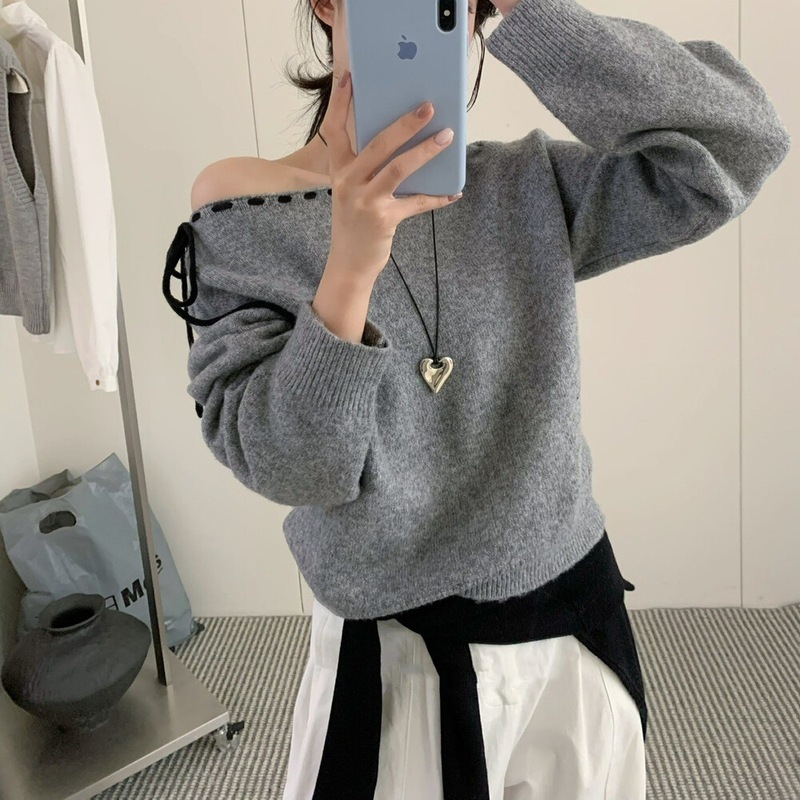 韩系设计感斜肩抽绳圆领毛衣女士秋冬季2025新款显瘦百搭套头上衣|undefined