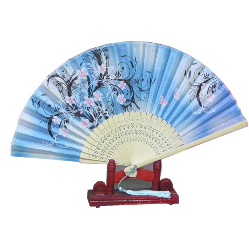 Fábrica al por mayor 7 pulgadas sonrisa ventilador señoras plegable seda impresión fila ventilador de bambú estilo satén tela ventilador 1 Caja 10
